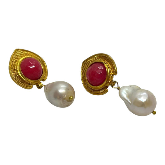 Fashion Baroque Pearl küpe - bronz, barok inci ve akik doğal taşı