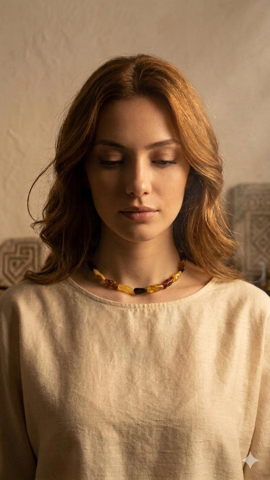 Amorf kehribar amber kolye model üzerinde
